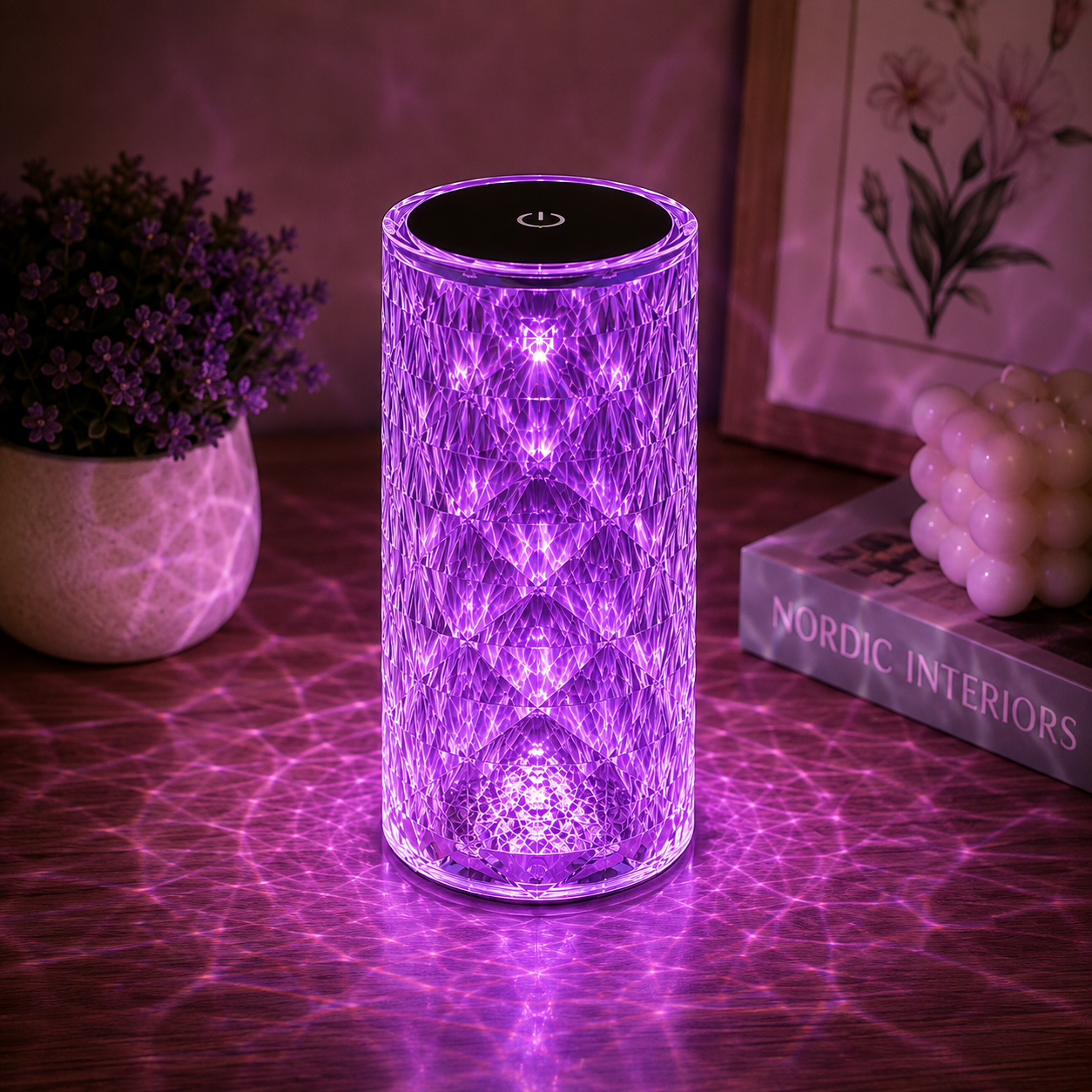 Crystal Rose LED table lamp glowing purple in a modern interior