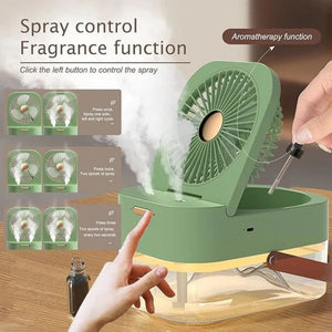 Green humidifying desk fan showing spray control function