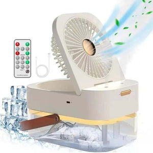 White humidifying desk fan with cooling mist and remote