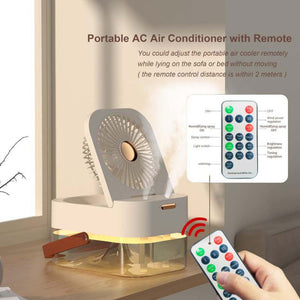 White humidifying desk fan with remote control and mist function