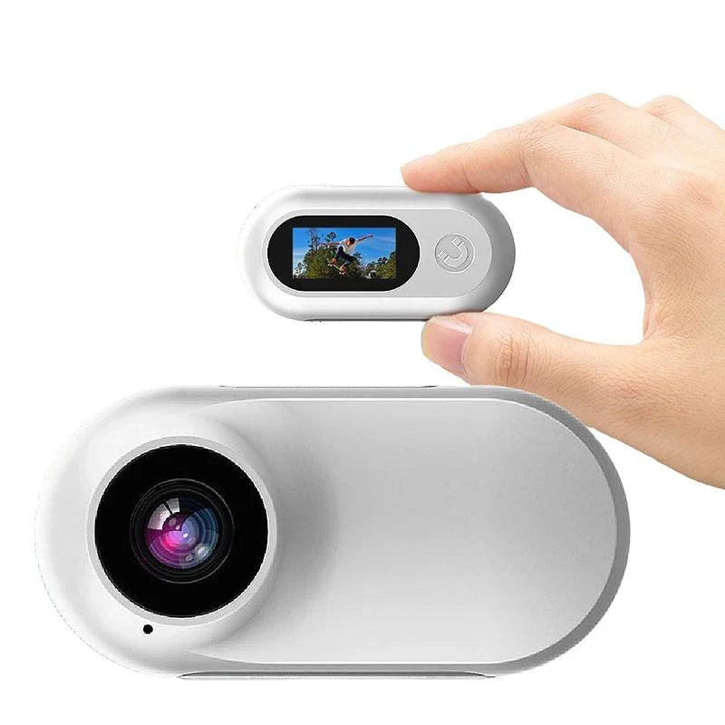 Portable mini camera close-up with front lens and screen