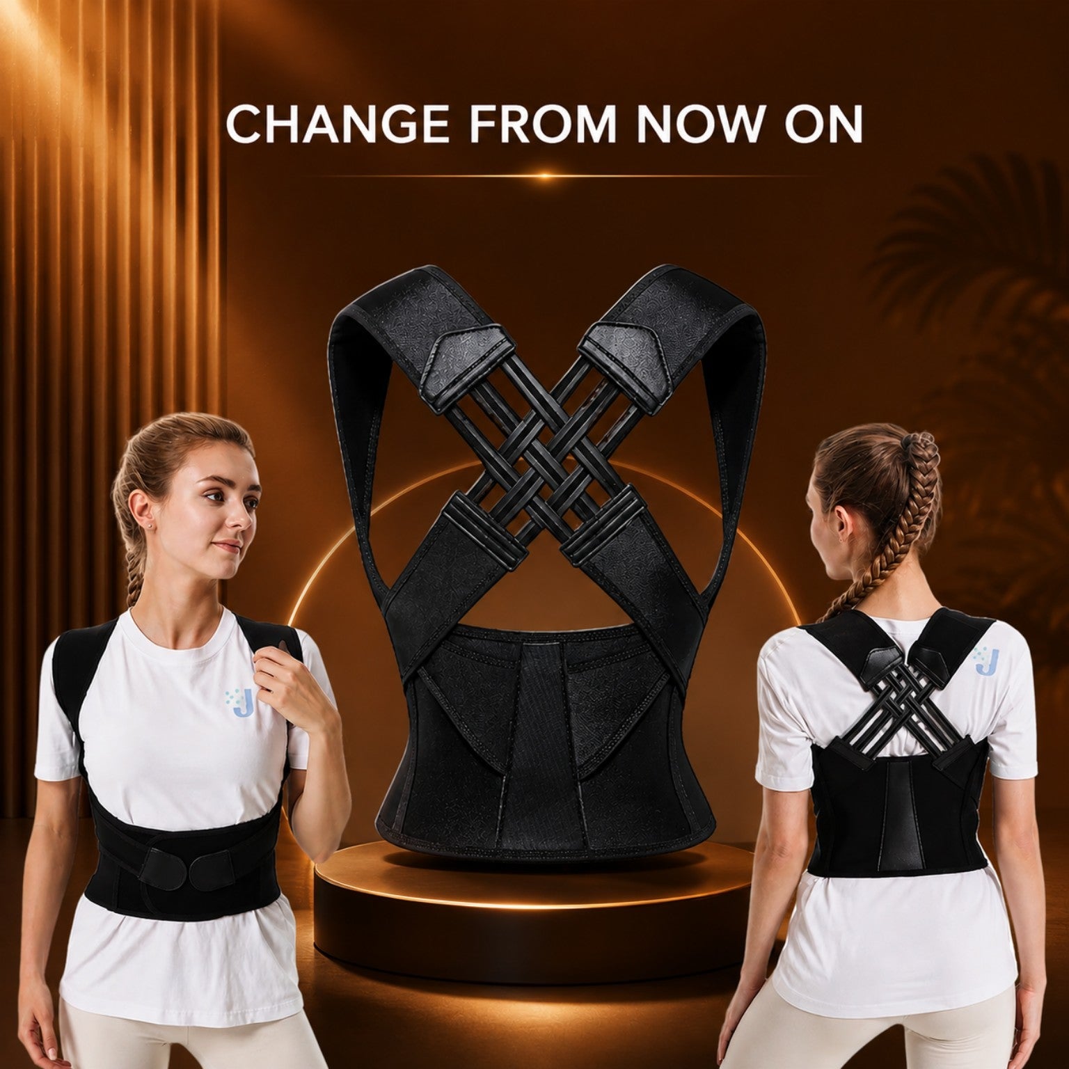 Black posture corrector for women on Mirage Picks brown theme background
