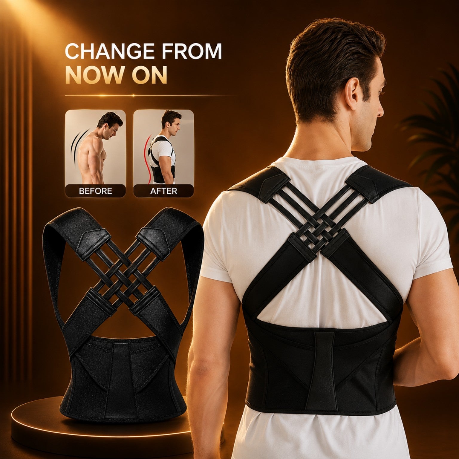 Black posture corrector for men before and after on brown theme background