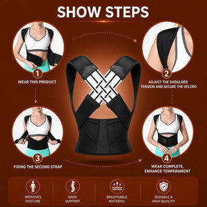 How to wear black posture corrector step by step on brown theme background