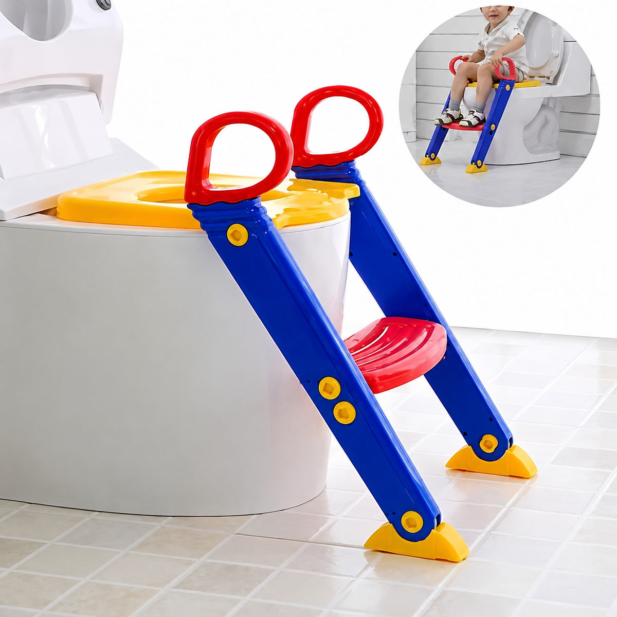Toddler potty training seat with colorful step ladder in bathroom