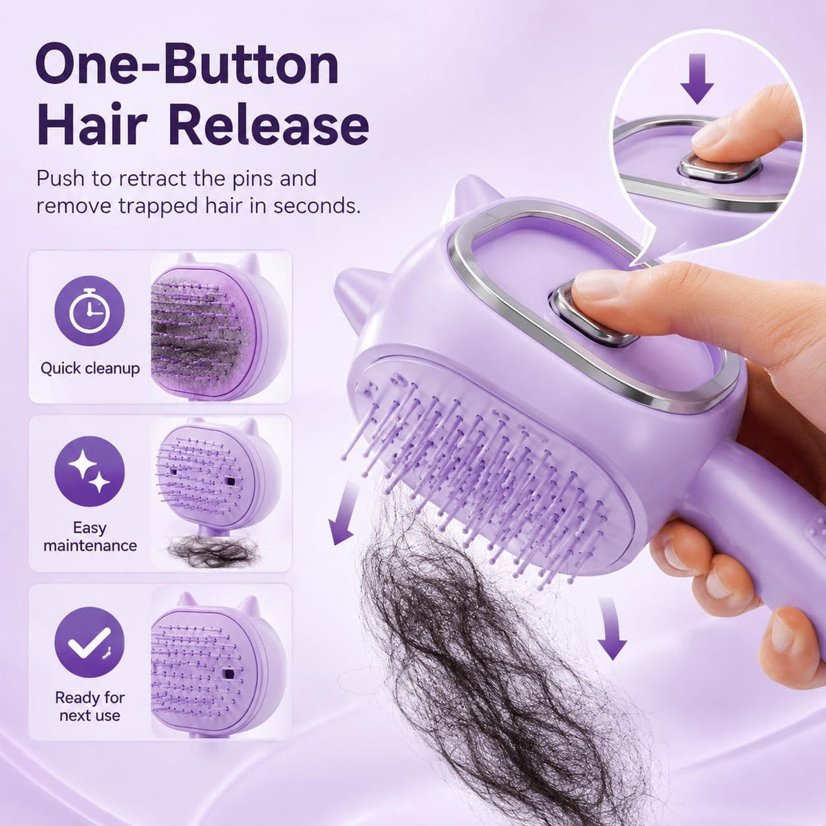 Hair brush one button retractable bristle cleaning guide