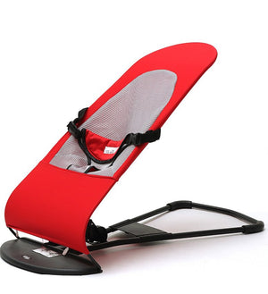 Red baby bouncer chair breathable seat and safety harness view