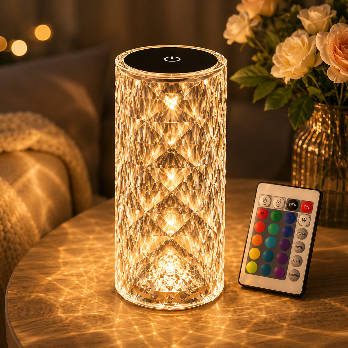 Crystal Rose LED table lamp glowing warm gold with remote control