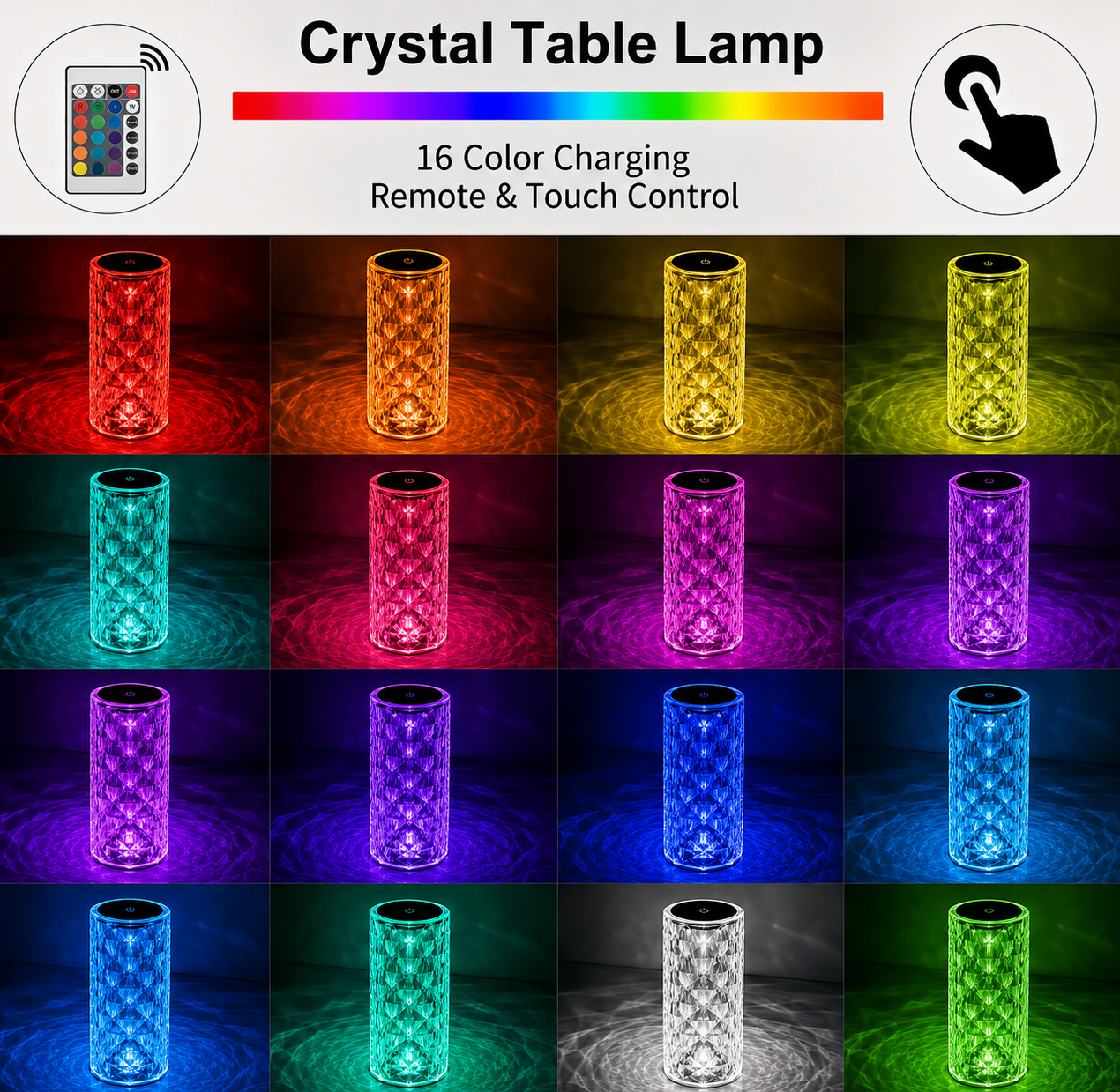 Crystal table lamp 16 RGB colors with remote and touch control