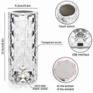 Crystal LED table lamp dimensions, touch switch, USB interface and acrylic body