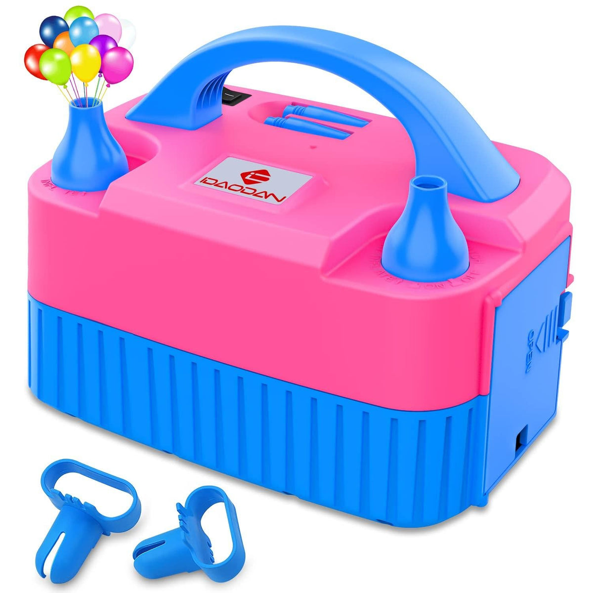 Portable electric balloon pump with dual nozzles and carry handle