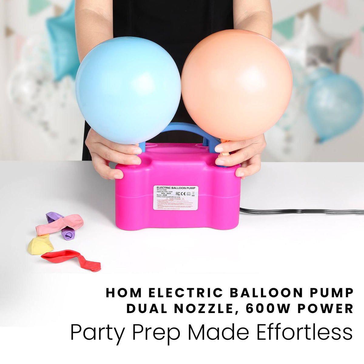 Dual nozzle electric balloon pump for quick party preparation