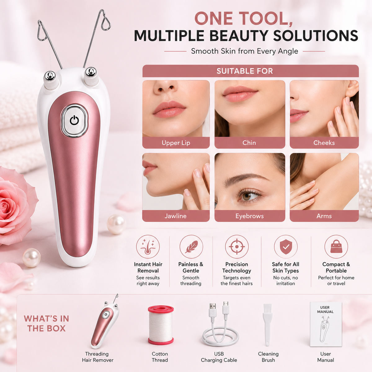 Electric facial threading hair remover suitable areas and accessories
