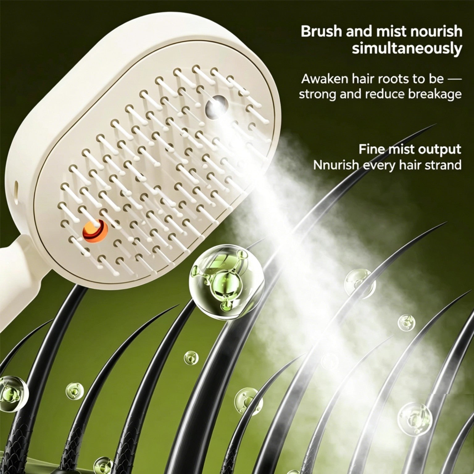 Fine mist hair care brush for even strand coverage