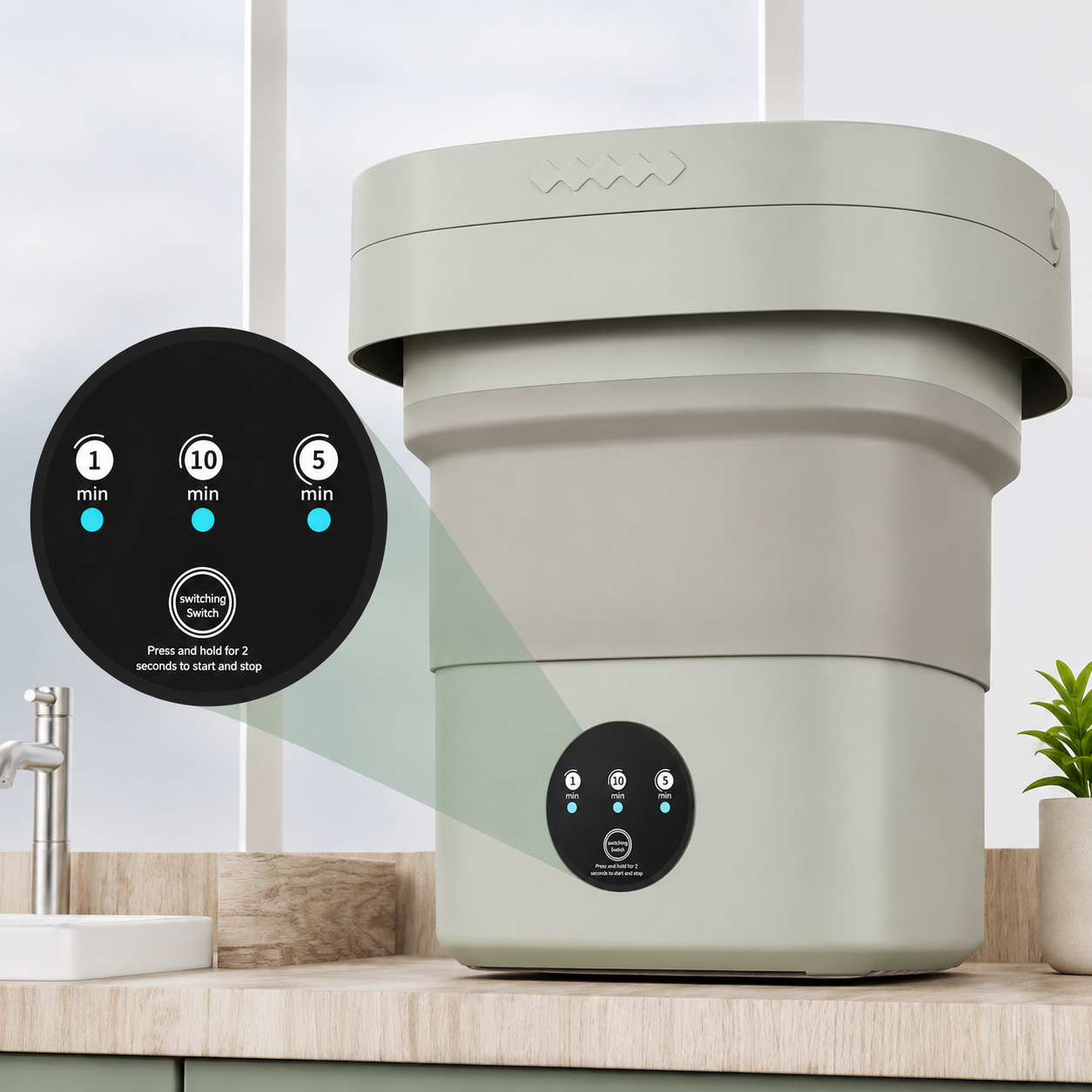 Foldable mini washing machine control panel and timer settings