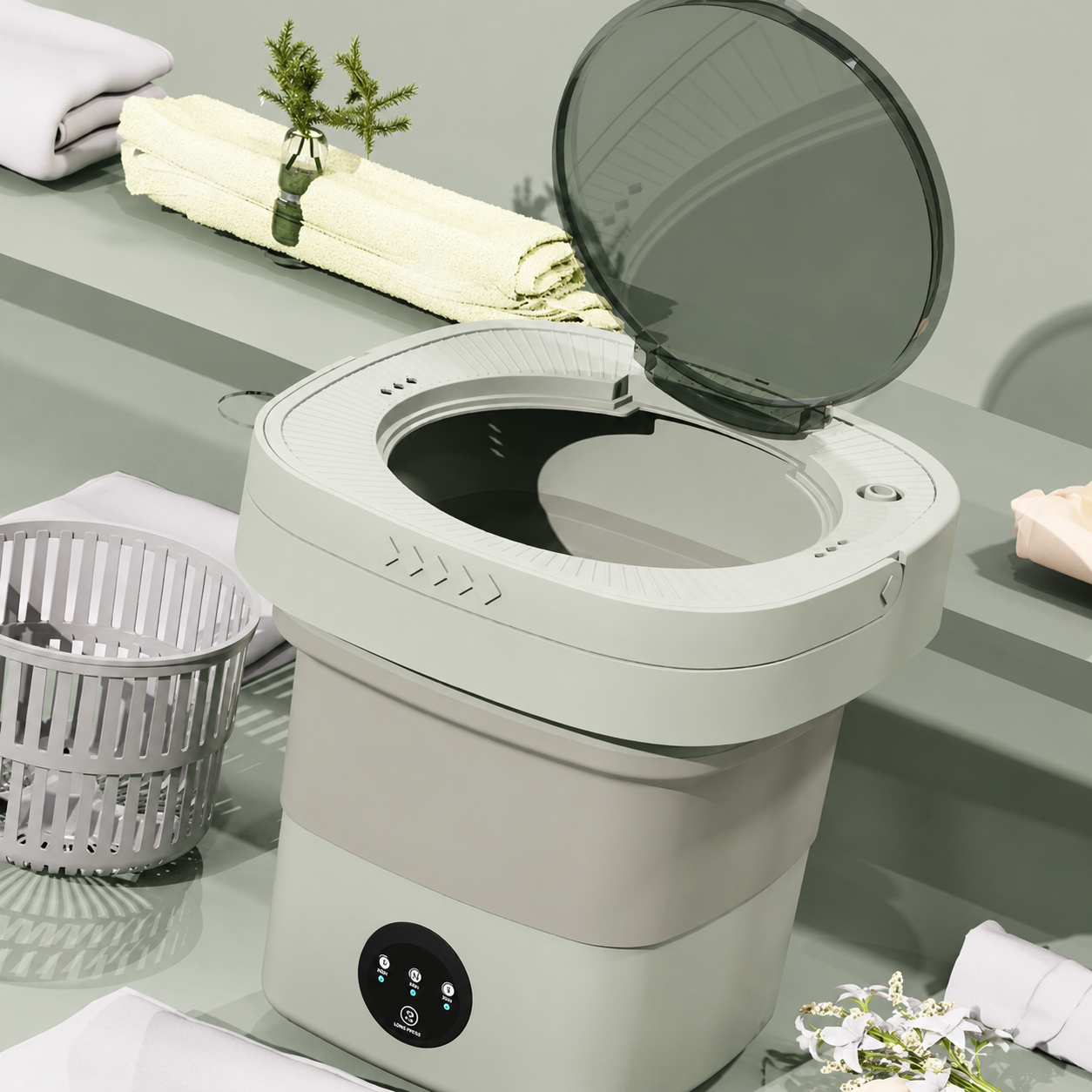 Sage foldable mini washing machine open lifestyle view