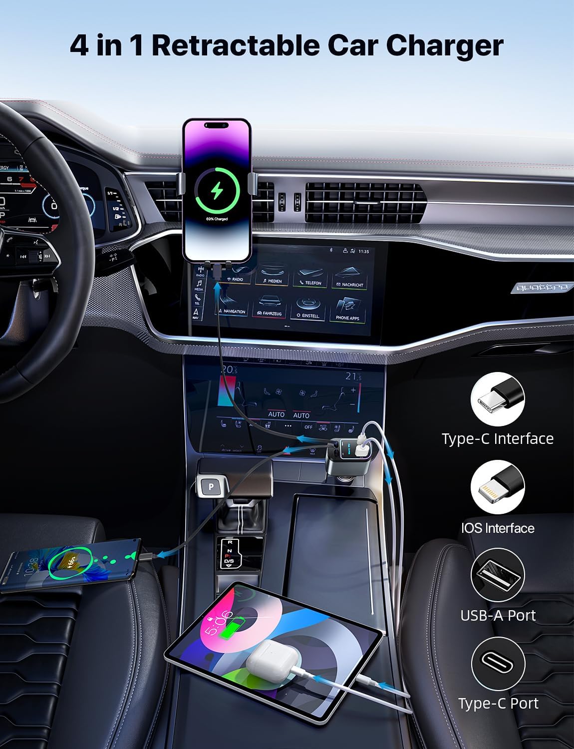 4 in 1 car charger powering multiple devices