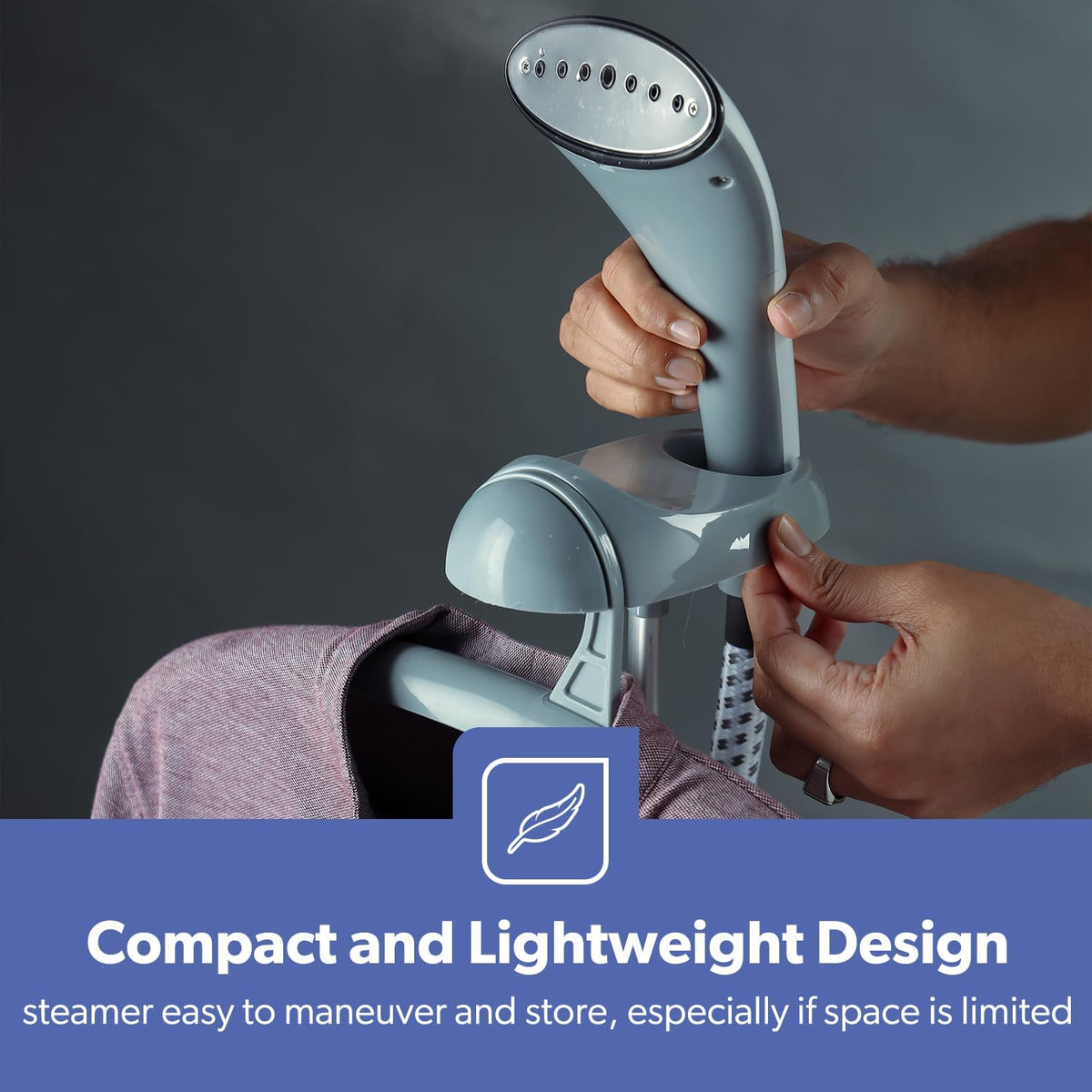 Garment steamer steam head and integrated hanger close-up