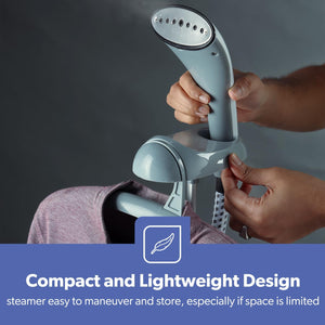 Garment steamer steam head and integrated hanger close-up