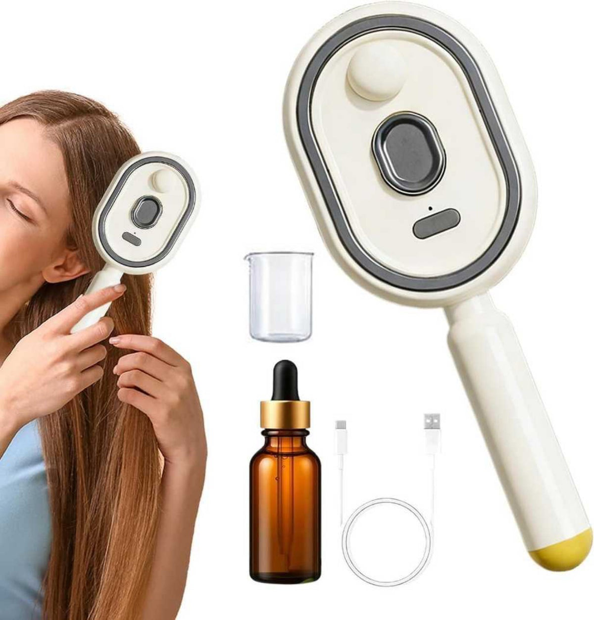 Hair mist brush with liquid bottle and USB charging cable