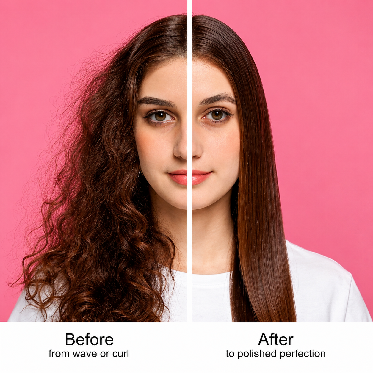 Before and after hair styling with hot air brush