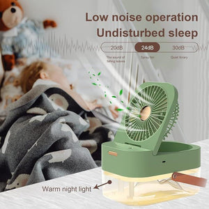 Green humidifying desk fan with low-noise operation and night light