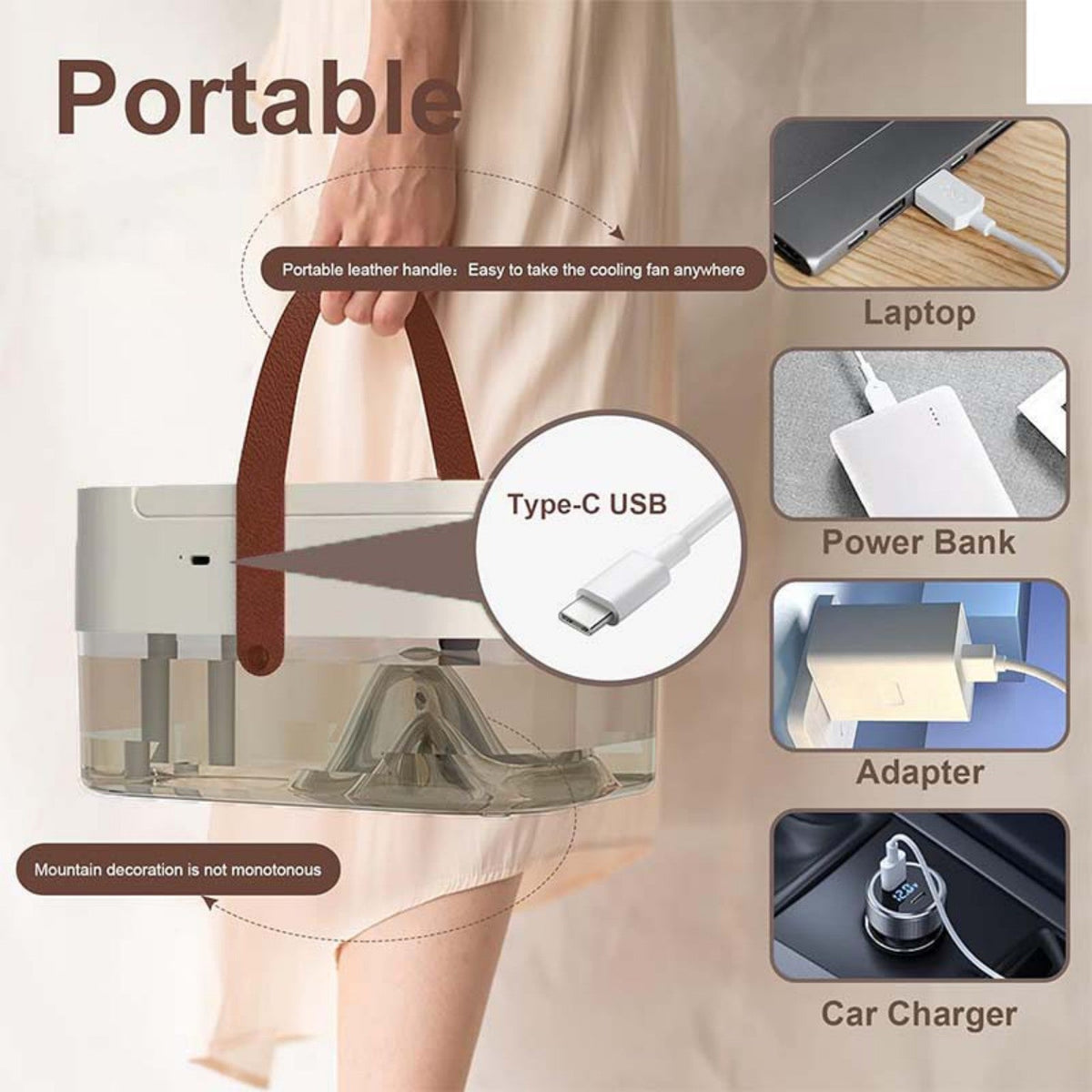 White portable humidifying desk fan with Type-C USB charging