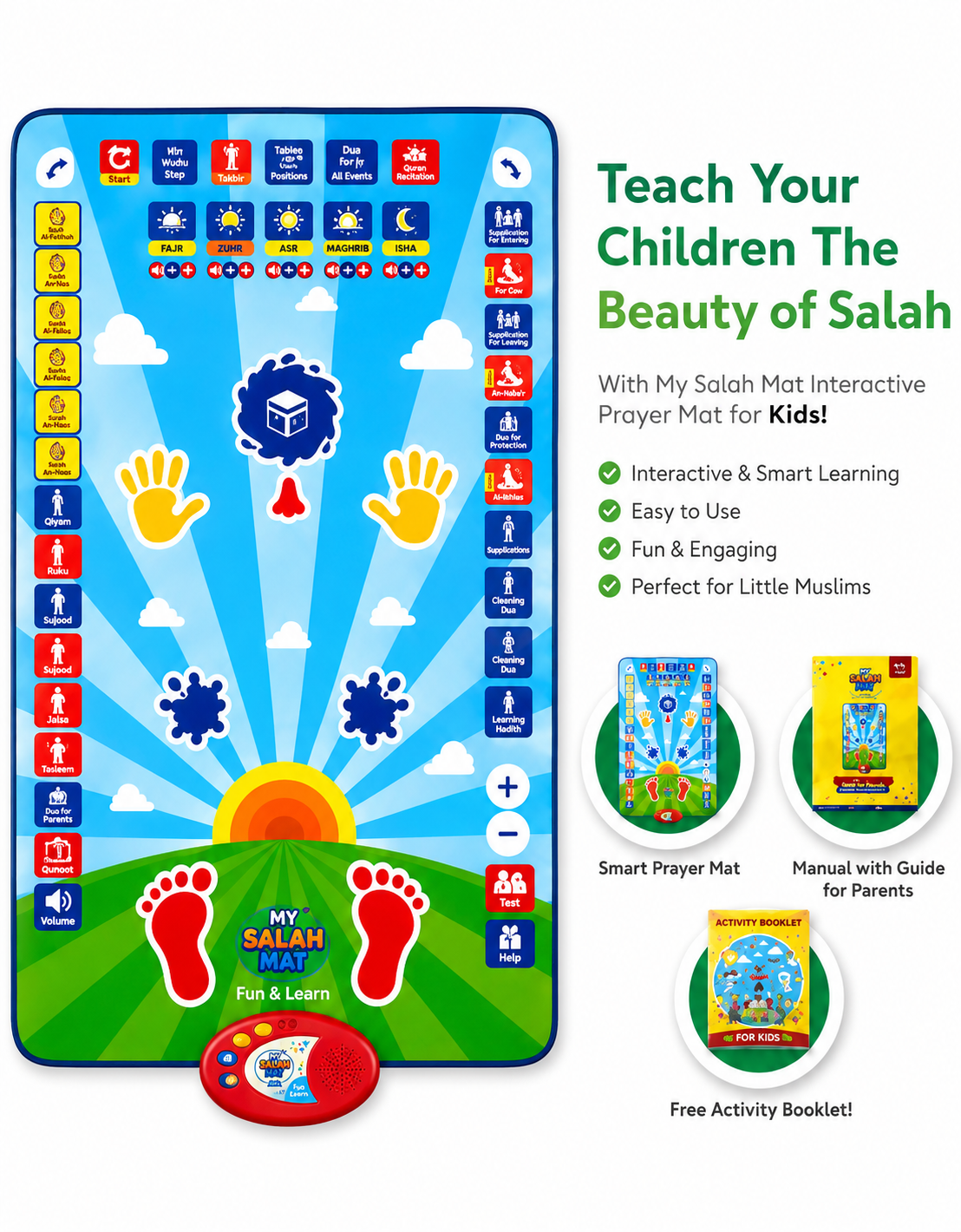 Interactive Islamic prayer mat product benefits and guide
