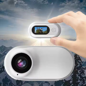 Compact mini camera held in hand showing pocket size