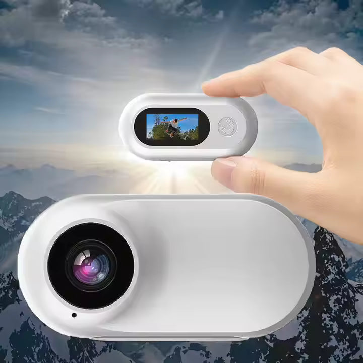 Compact mini camera held in hand showing pocket size