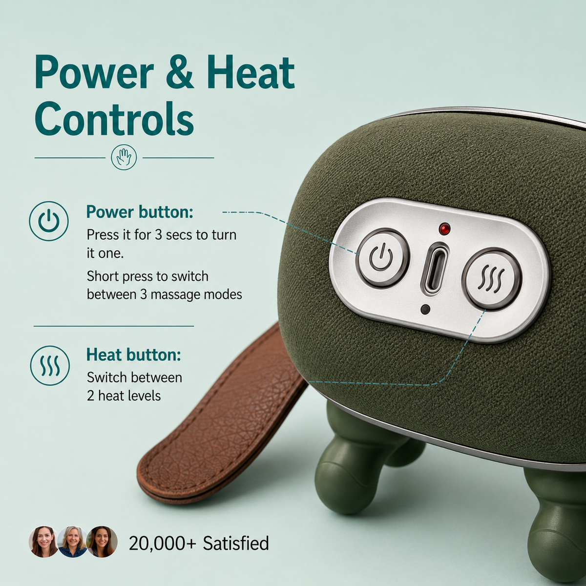 Heated neck and shoulder massager power and heat controls