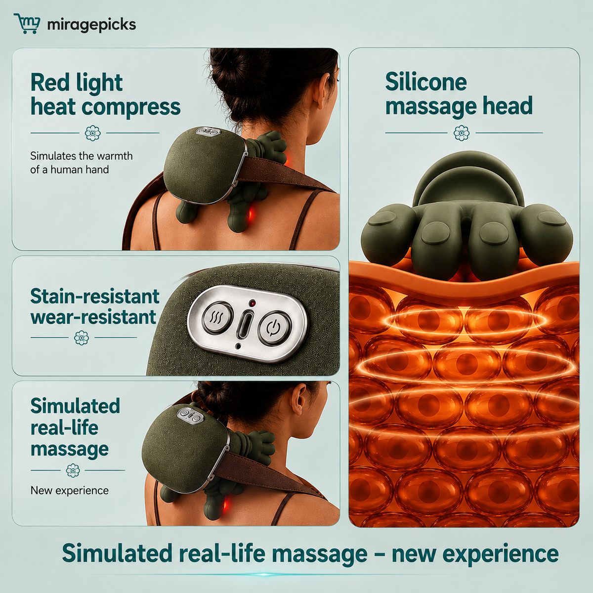 Heated neck and shoulder massager red light heat and silicone massage head
