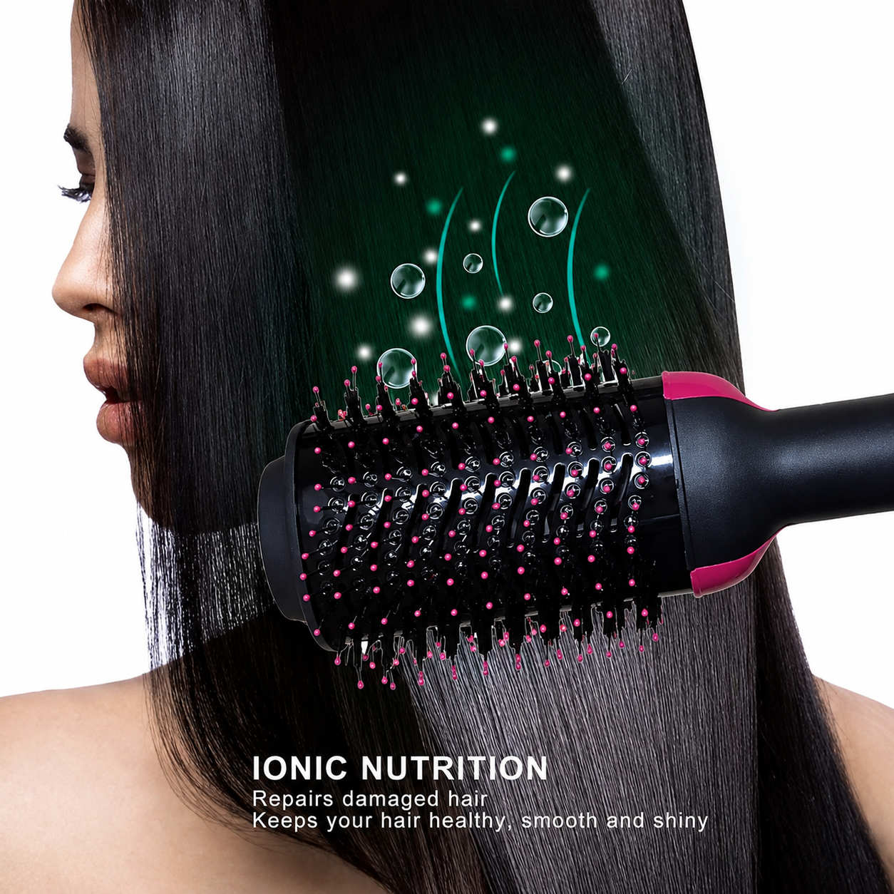 One step hot air brush smoothing hair with ionic styling