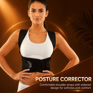 Black posture corrector comfortable wide shoulder straps on brown theme background