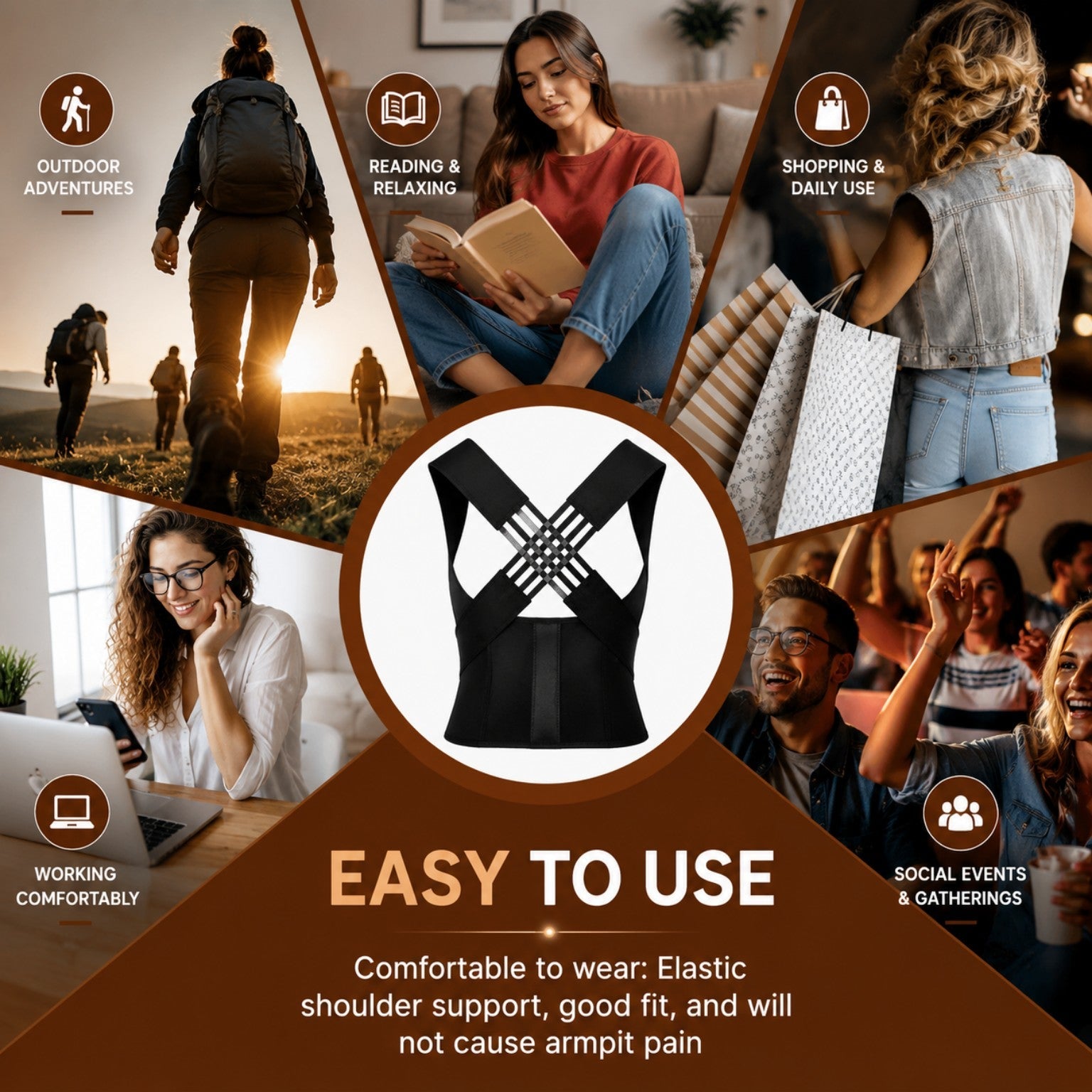 Black posture corrector suitable for daily activities on brown theme background