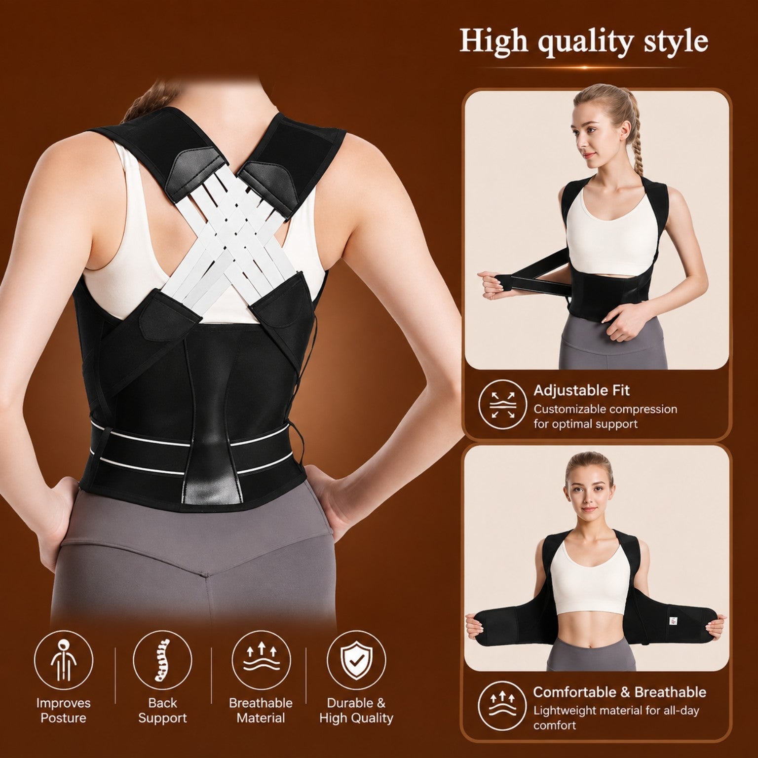 Black posture corrector high quality adjustable fit and breathable material