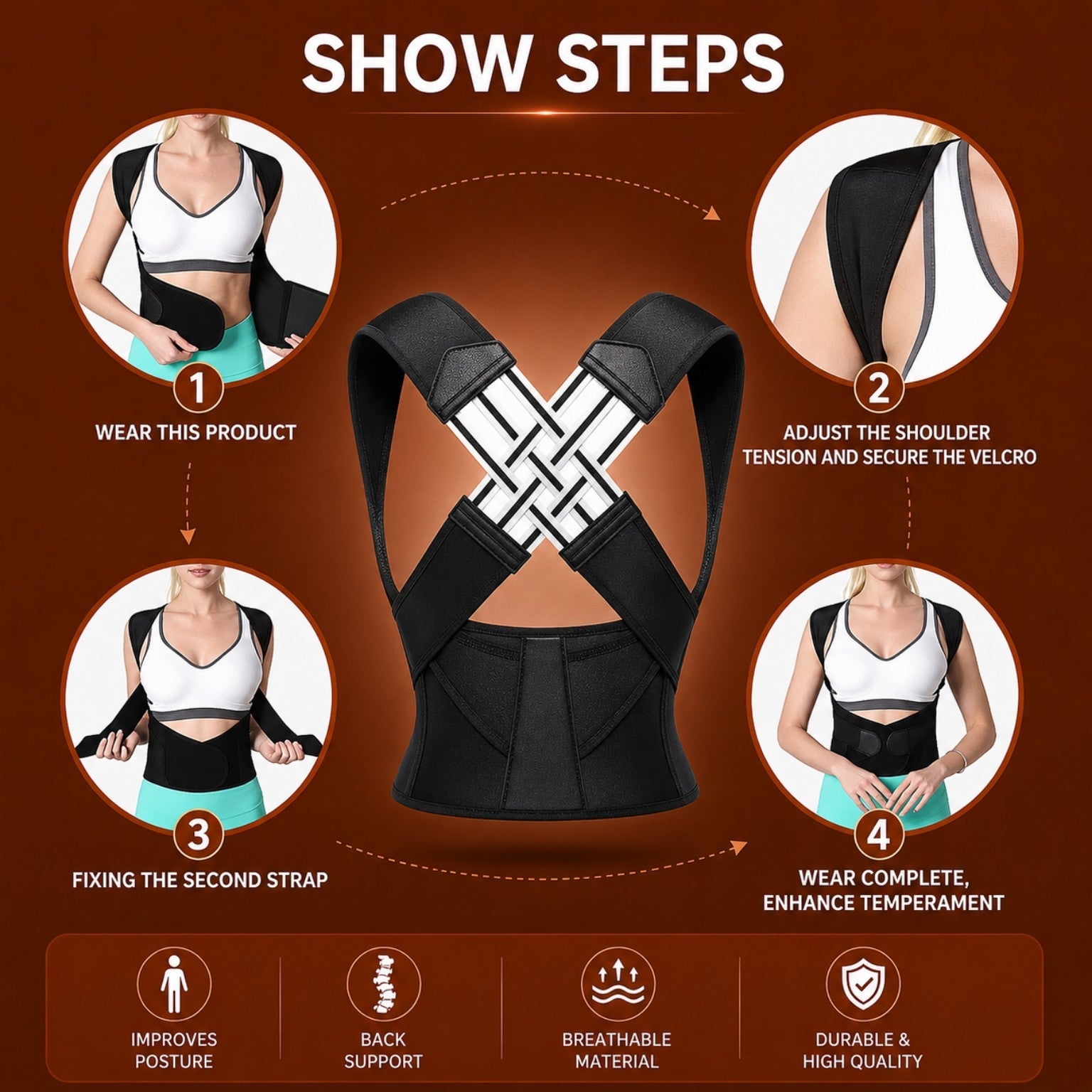 How to wear black posture corrector step by step on brown theme background