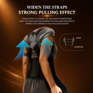 Black posture corrector wide straps support on brown theme background