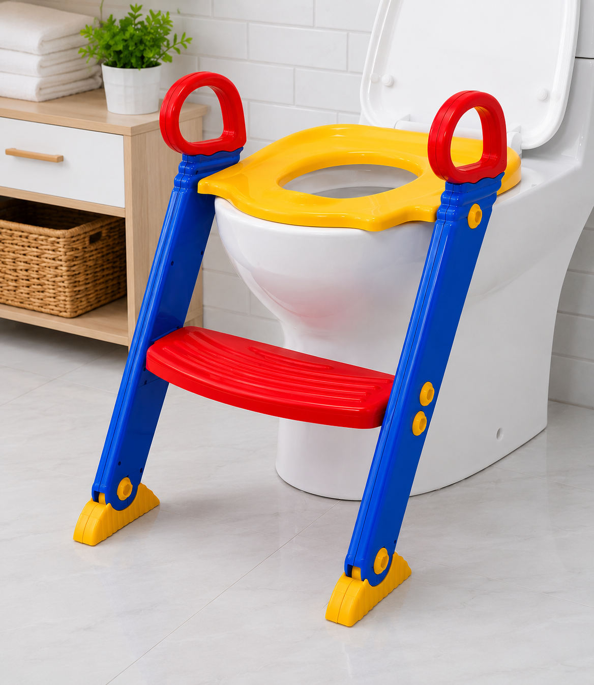 Toddler potty training ladder in modern bathroom setting