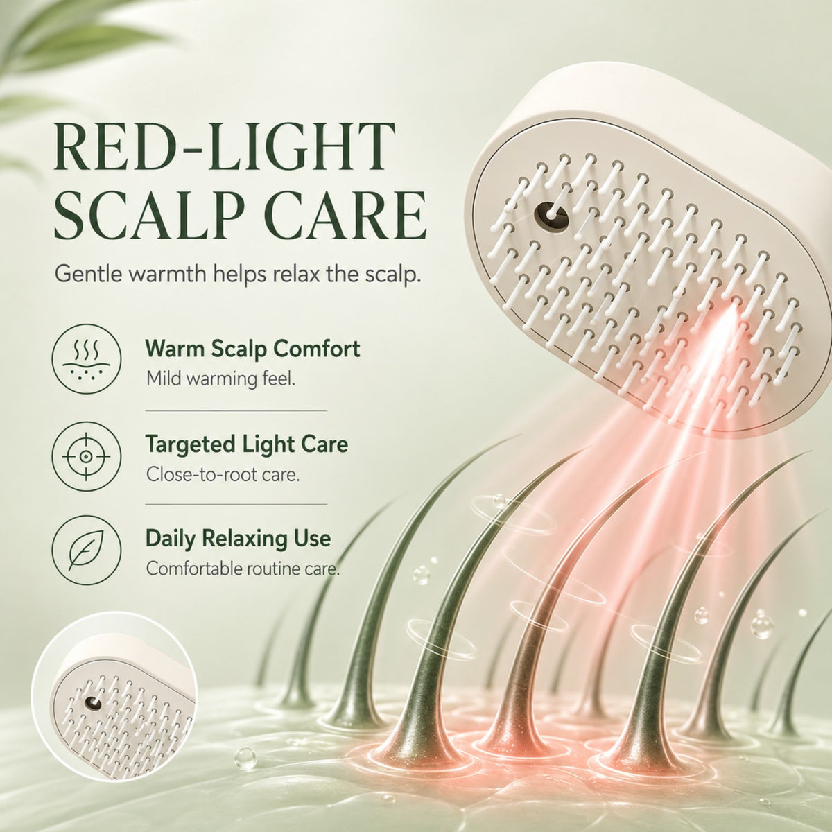 Red light scalp care brush with gentle warming feature