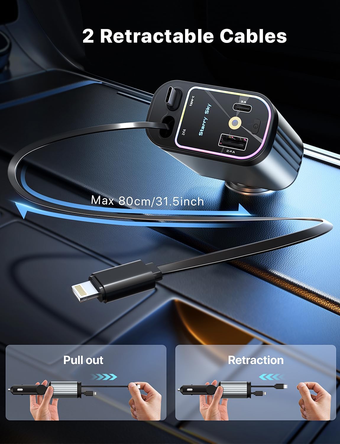 Dual retractable car charger cables extend up to 80cm