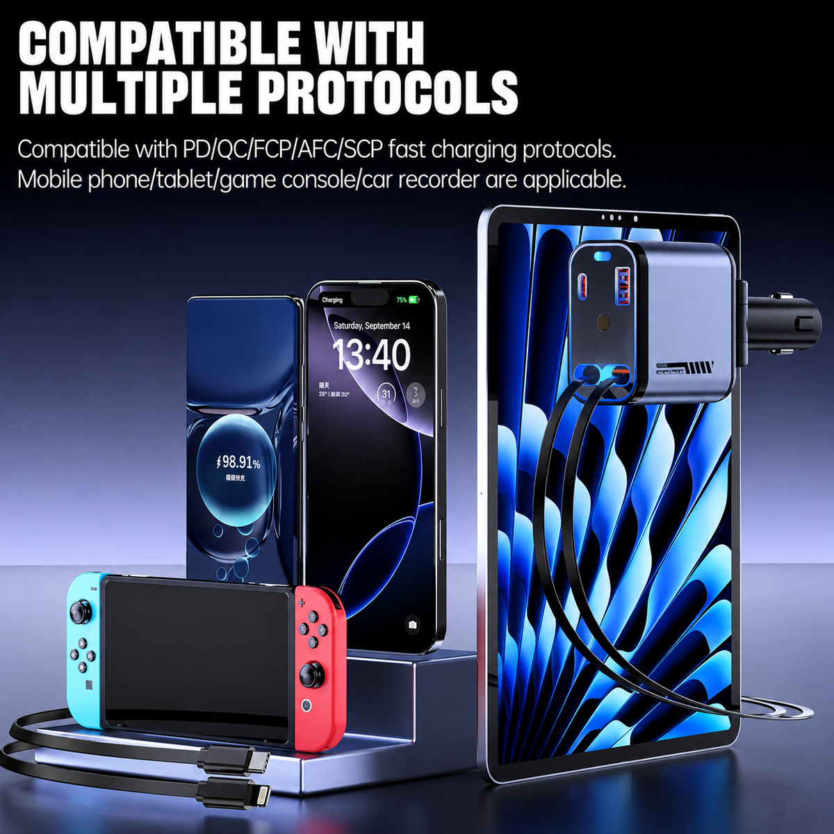 Retractable car charger compatible with multiple charging devices