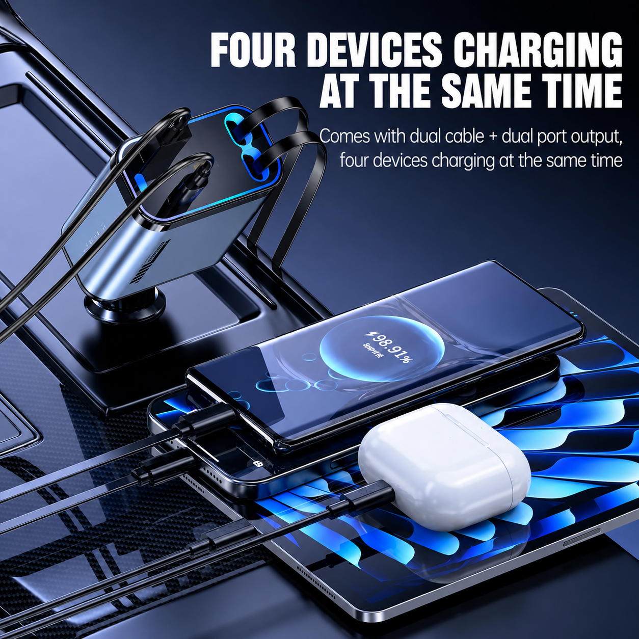 Retractable car charger charging four devices simultaneously