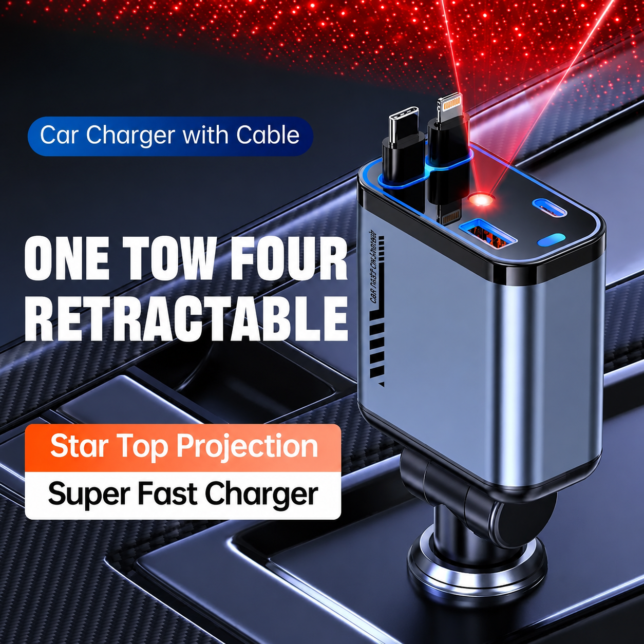 4 in 1 retractable car charger with star projection