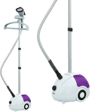 Standing garment steamer with hanger, telescopic pole and flexible steam hose